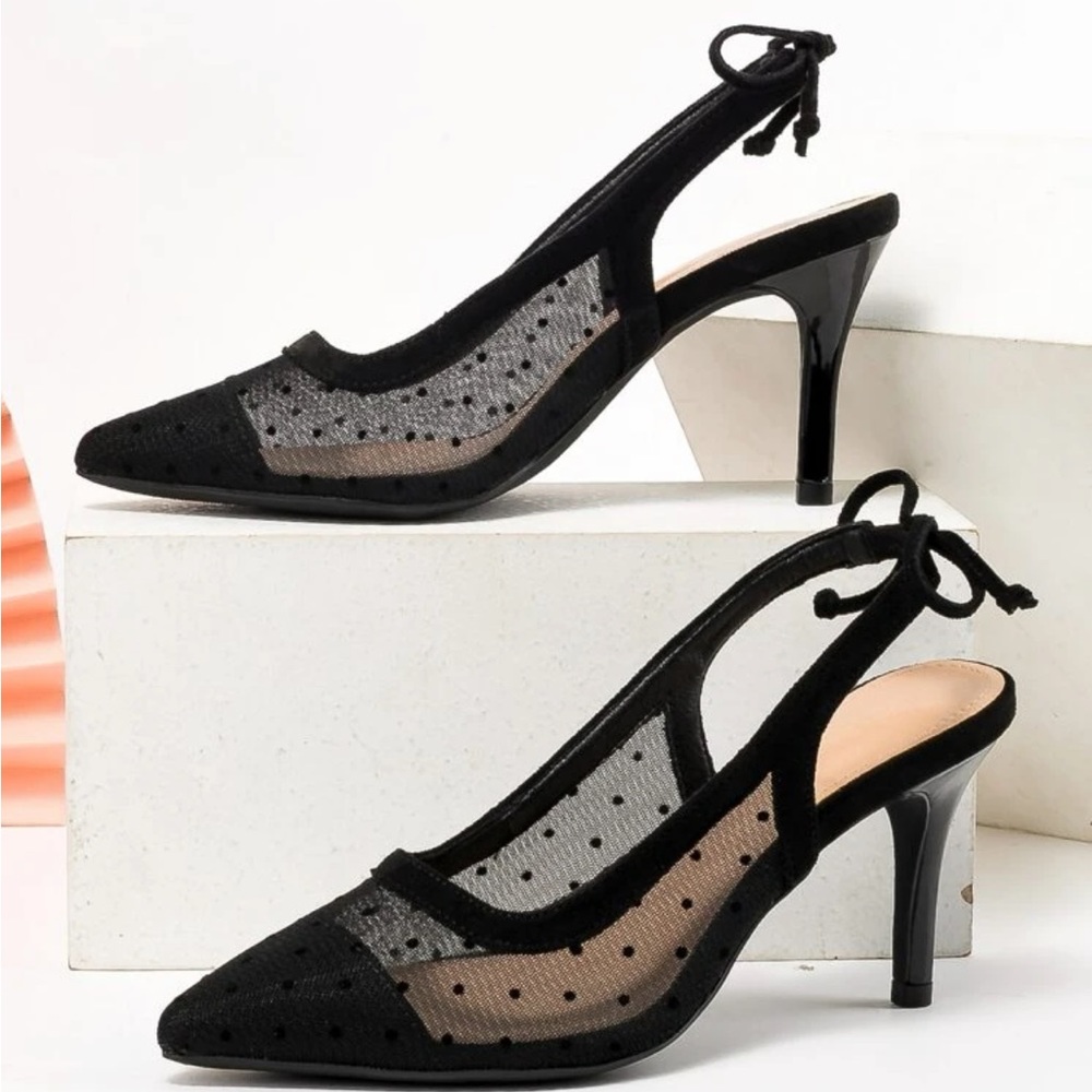 Polkadot mesh black bow detail heels - Picture 3 of 6